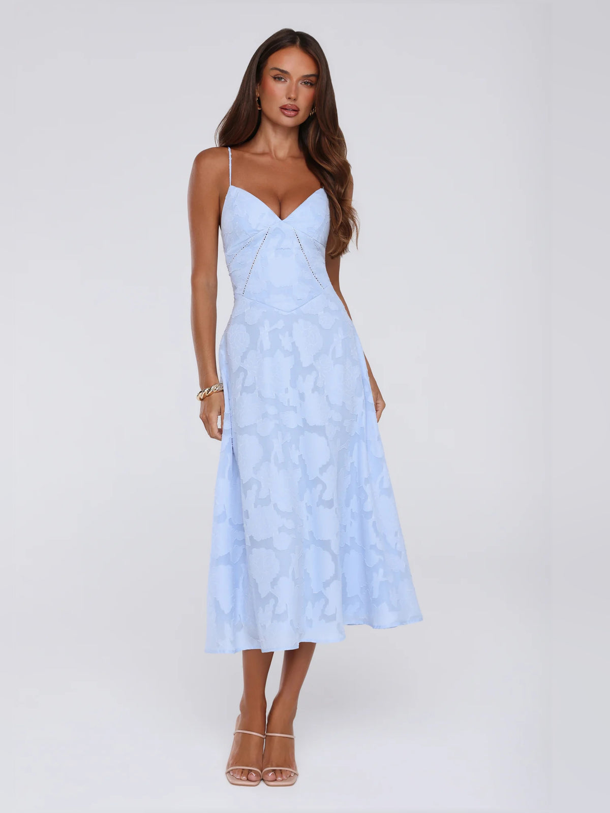 Blue midi formal dress, alternate view showing the skirt