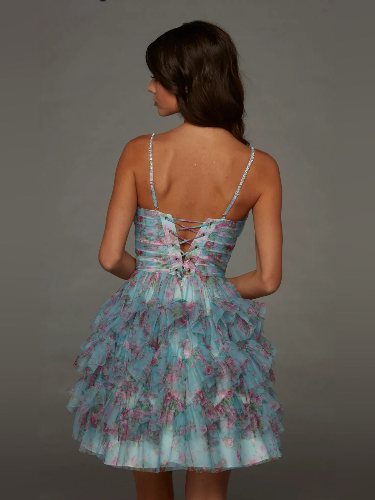 Blush Pink mini homecoming dress, alternate view showing the skirt and hem