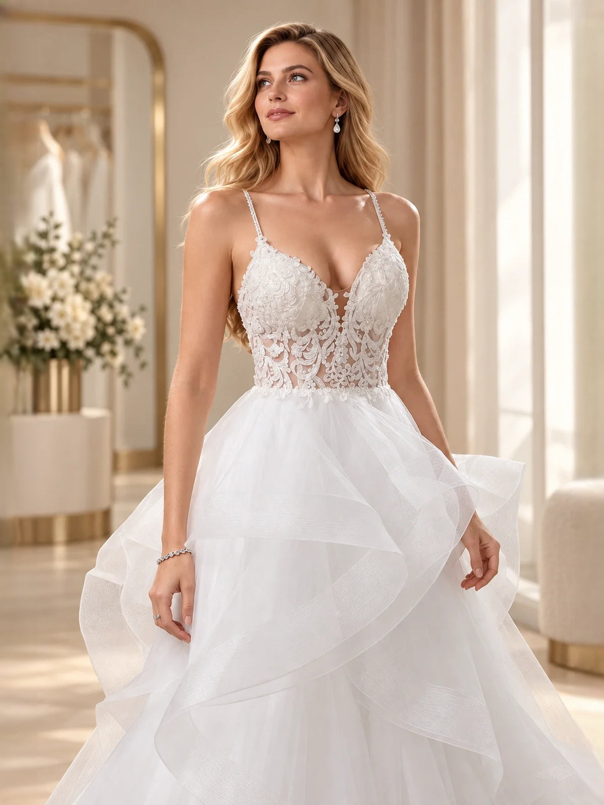Ivory floor-length wedding dress, alternate view showing the skirt and hem