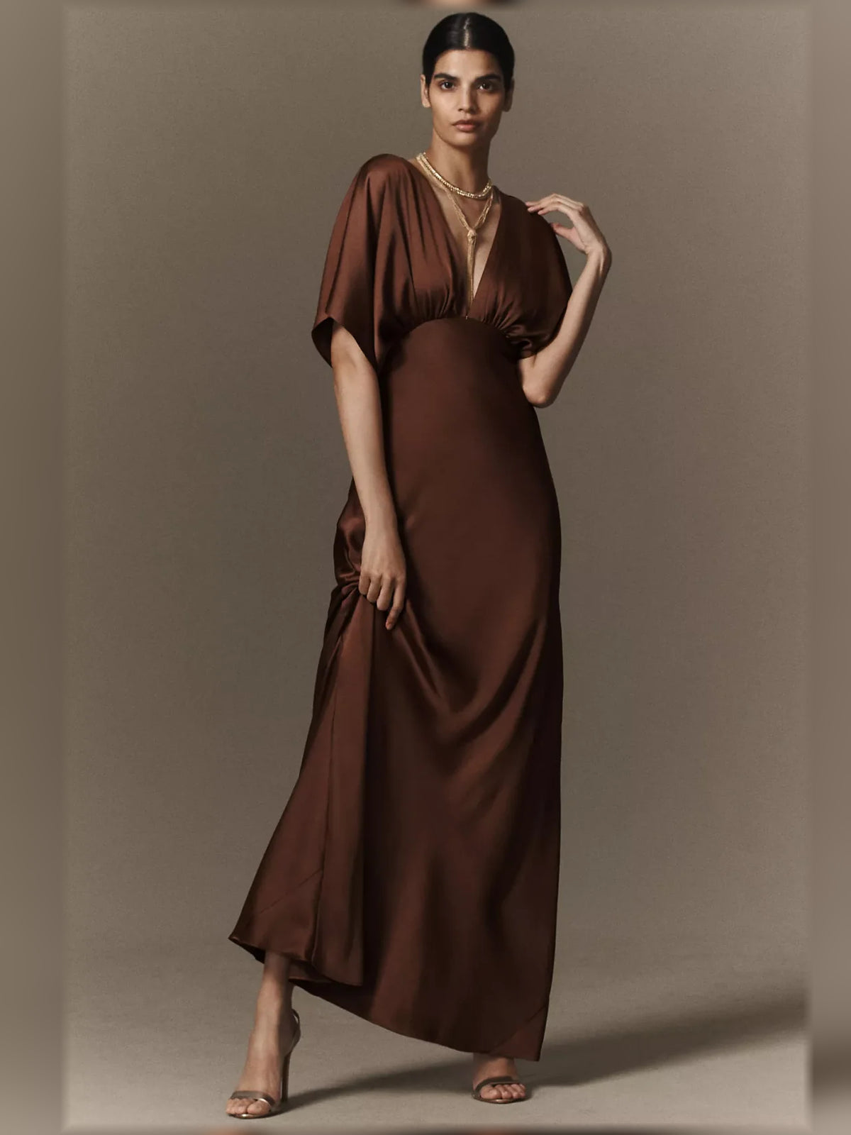 Chocolate maxi bridesmaid dress, alternate view showing the skirt and hem