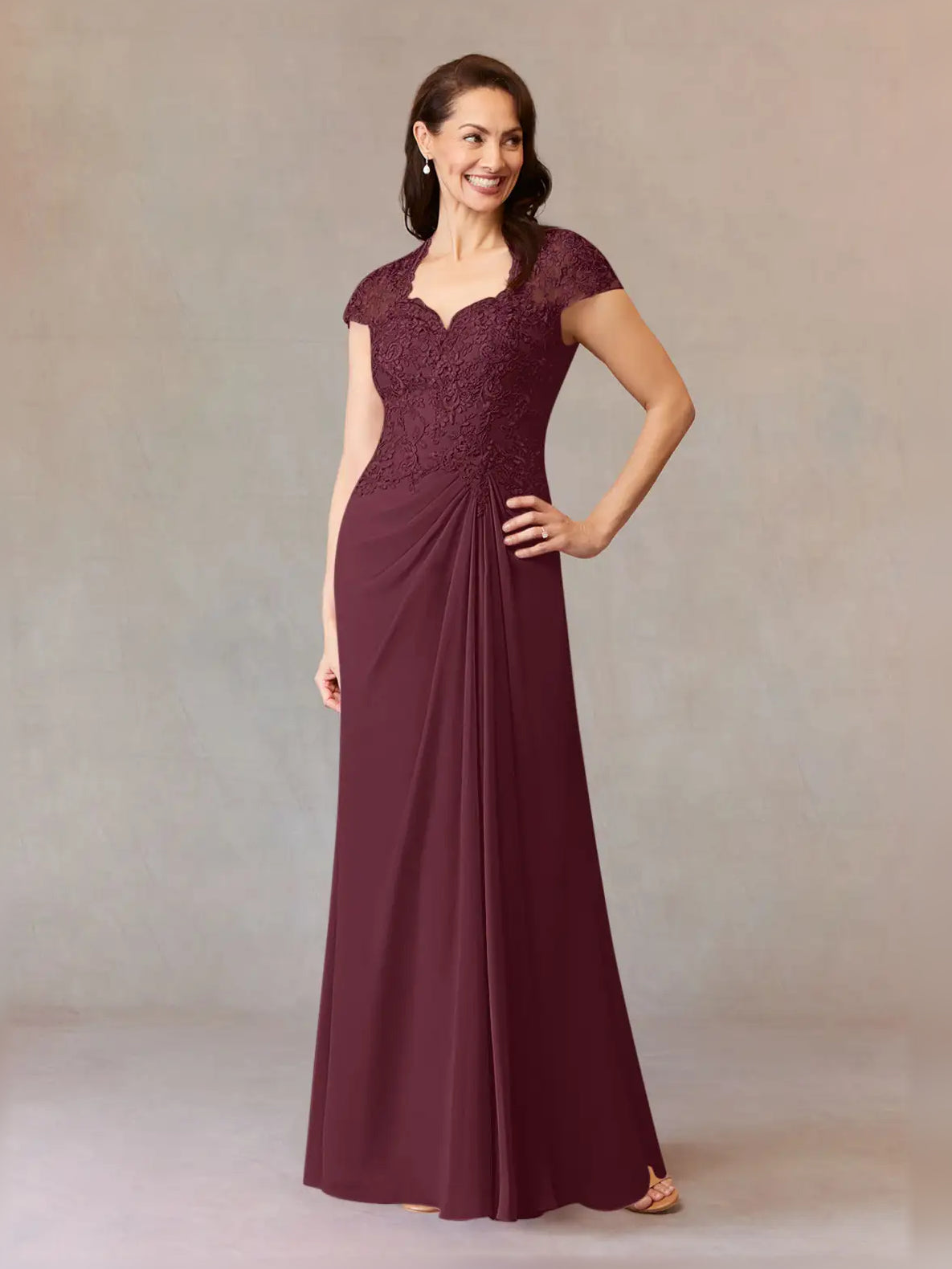 Cabernet maxi mother of the bride dress, alternate view showing the skirt and hem