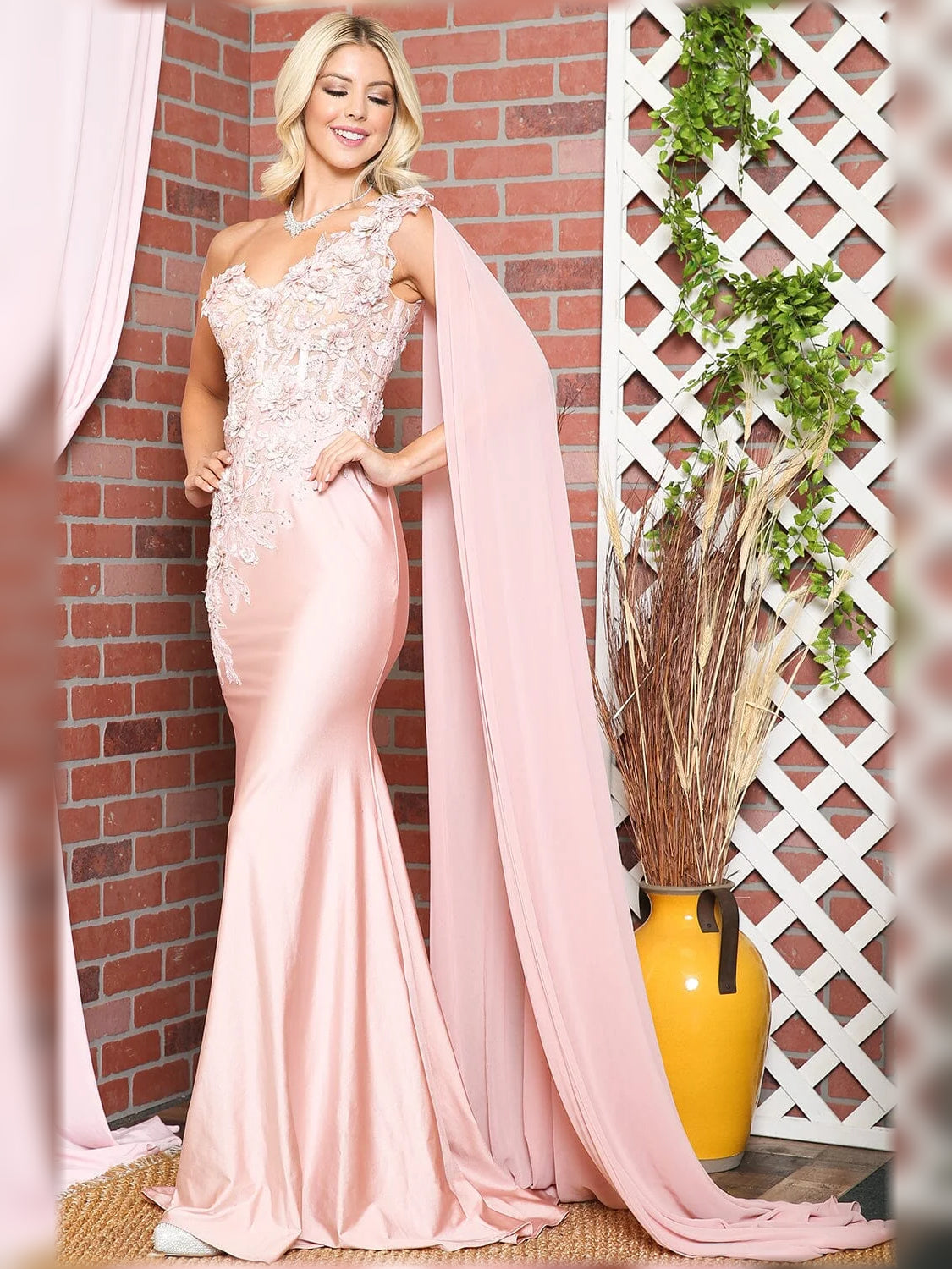 Champagne mermaid floor-length formal dress with floral print, alternate view showing the skirt