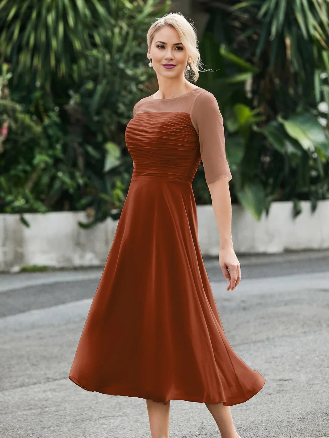 Terracotta tea-length mother of the bride dress, alternate view showing the skirt and hem