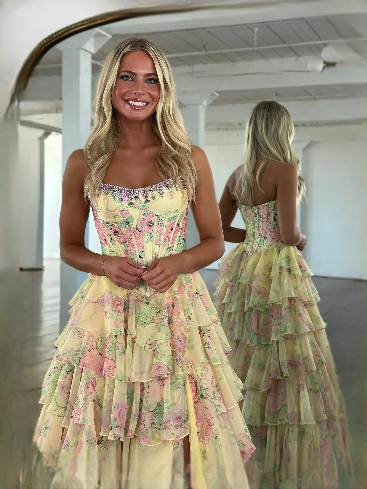 Blue floor-length prom dress, alternate view showing the skirt and hem