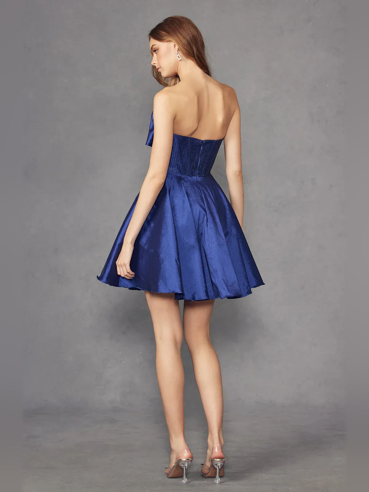 Light Pink mini homecoming dress, alternate view showing the skirt and hem