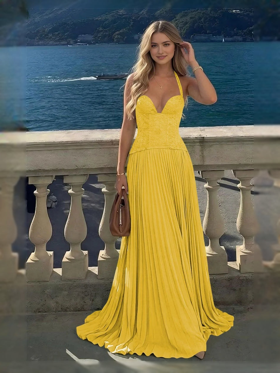 Yellow maxi bridesmaid dress, alternate view showing the skirt and hem