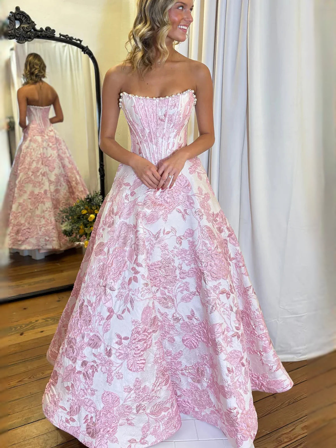 Blush Pink maxi prom dress, alternate view showing the skirt and hem