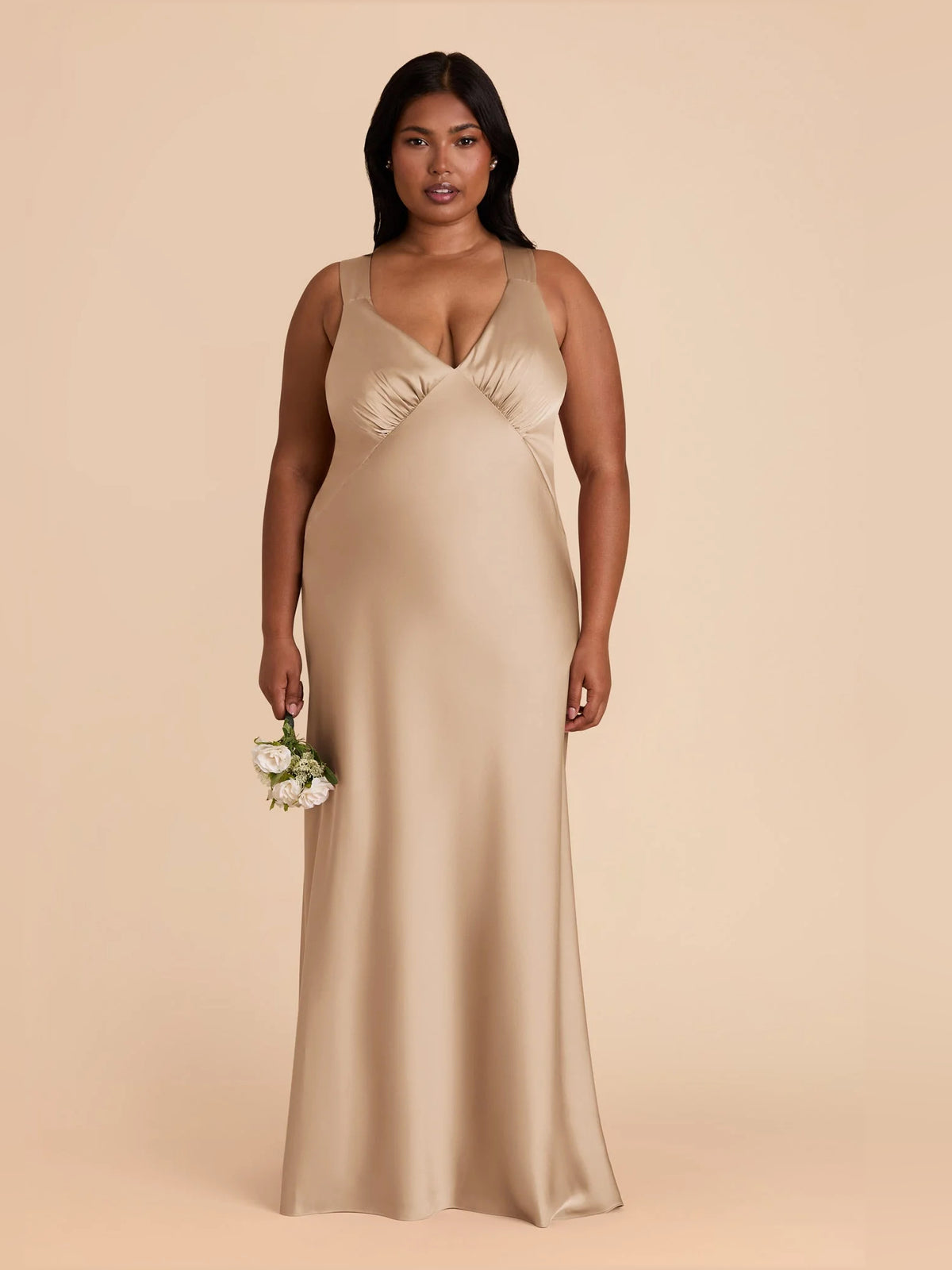 Gold maxi bridesmaid dress, alternate view showing the skirt and hem