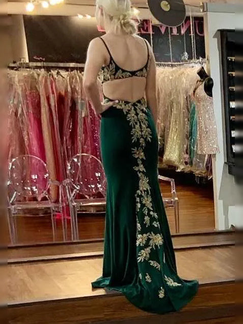 White maxi prom dress, back view showing the rear of the dress in an additional pose