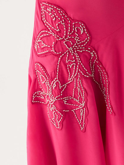 Fuchsia midi formal dress with beading, alternate view showing the skirt