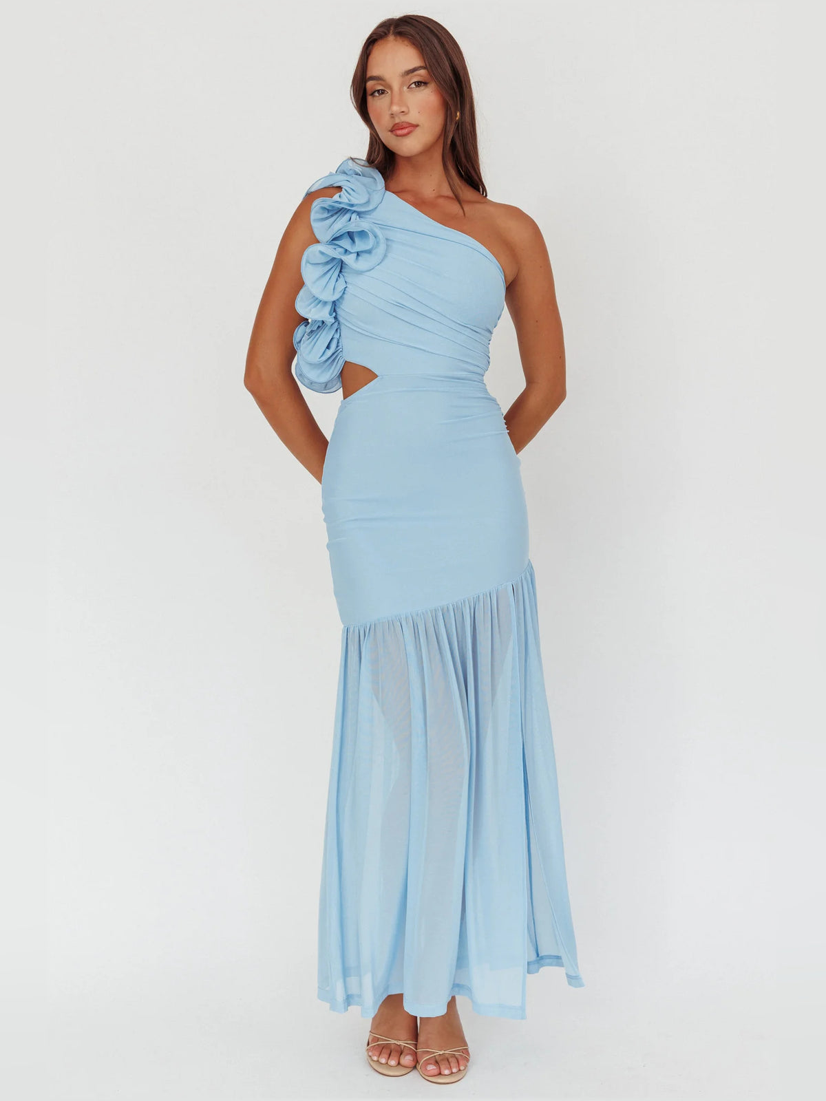 Blue sheath maxi formal dress with cutout detail, alternate view