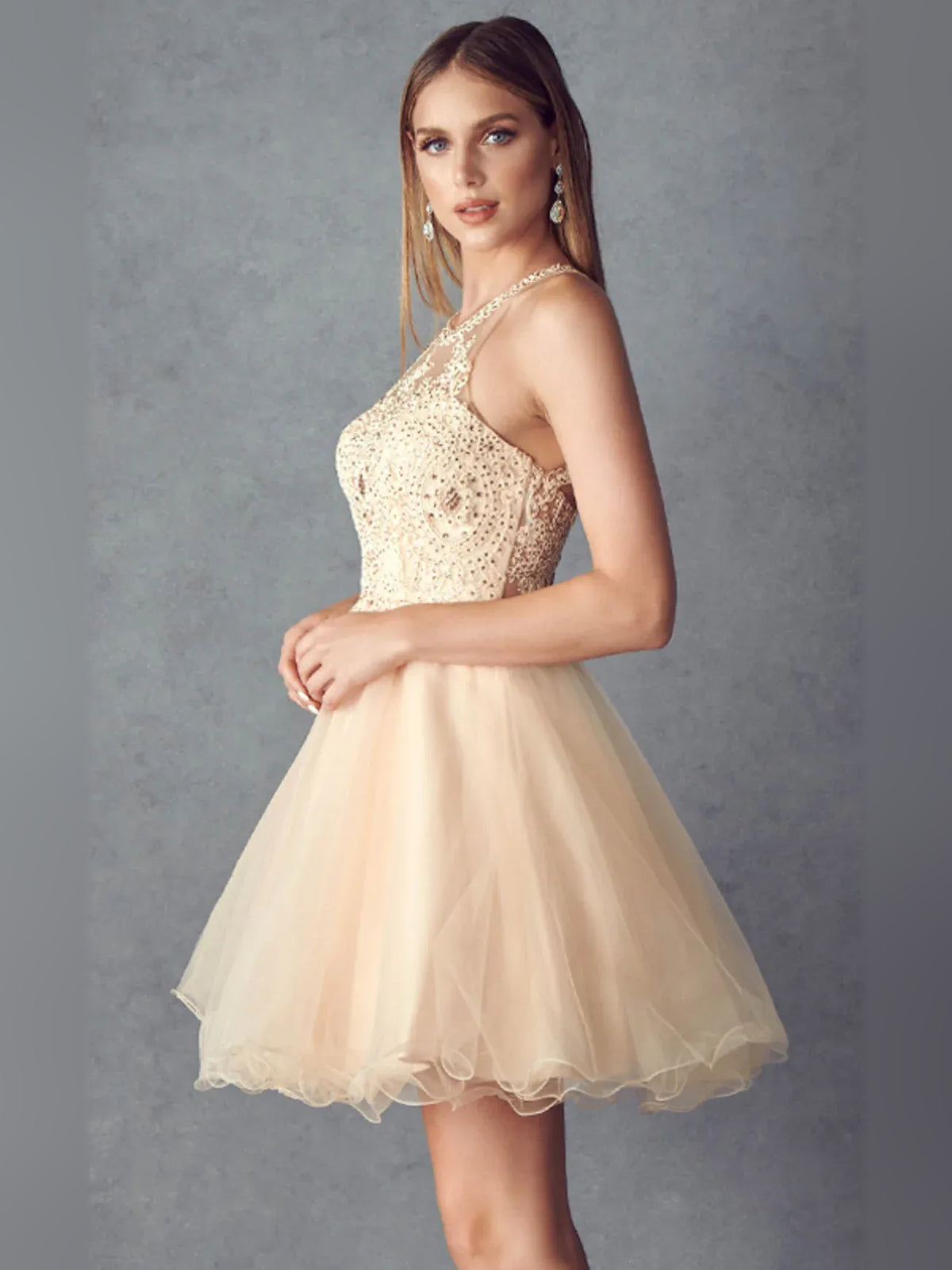 White short homecoming dress, alternate view showing the skirt and hem