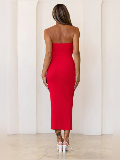 Red midi formal dress with strapless neckline, alternate view showing the skirt