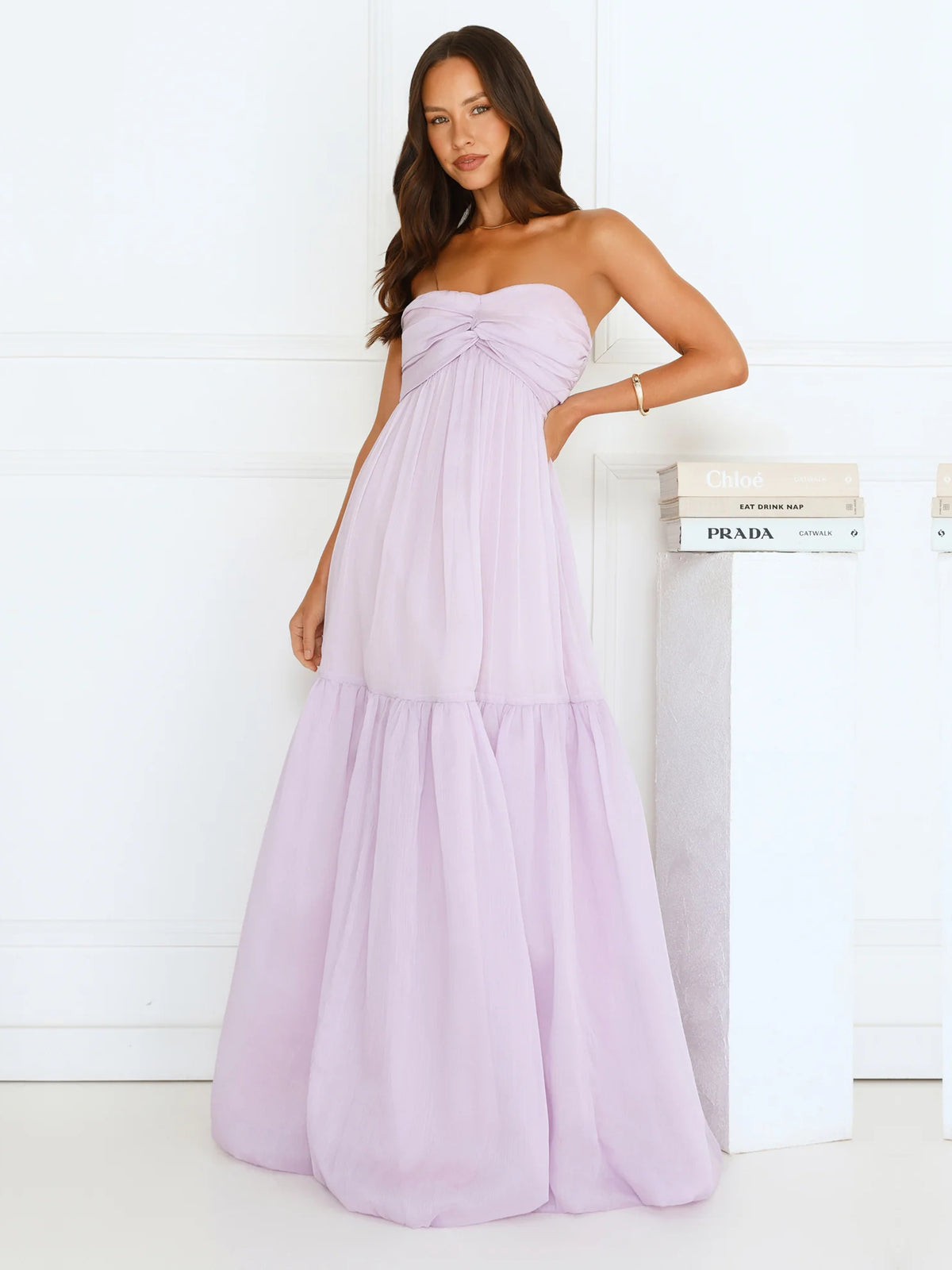 Lilac a-line maxi formal dress with tiered skirt, alternate view showing the skirt