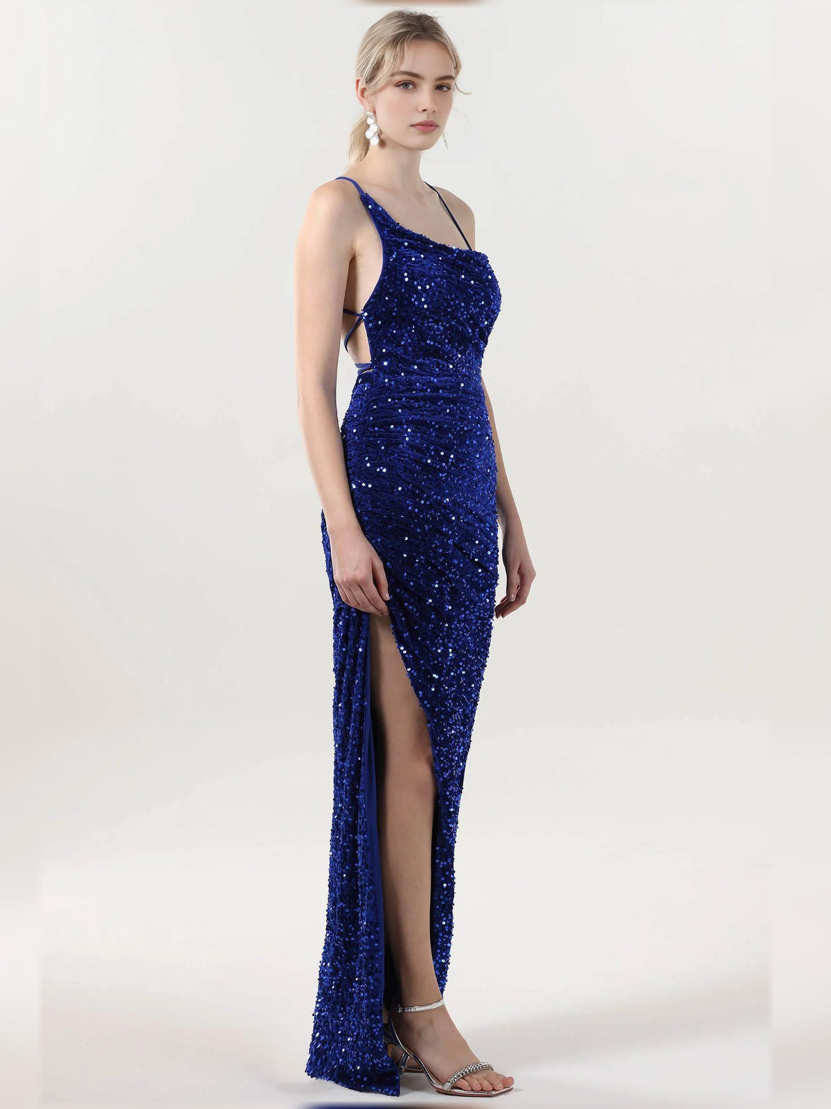 Dark Blue sheath floor-length formal dress with skirt slit, alternate view showing the skirt