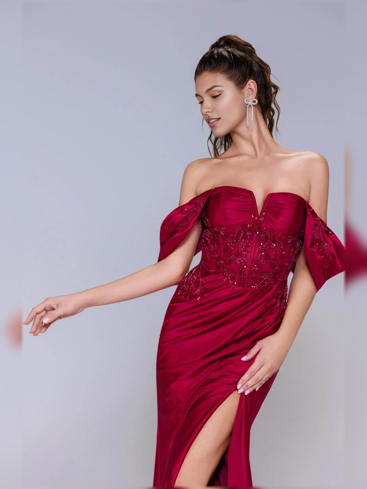 Deep Red sheath floor-length formal dress with skirt slit, alternate view showing the skirt