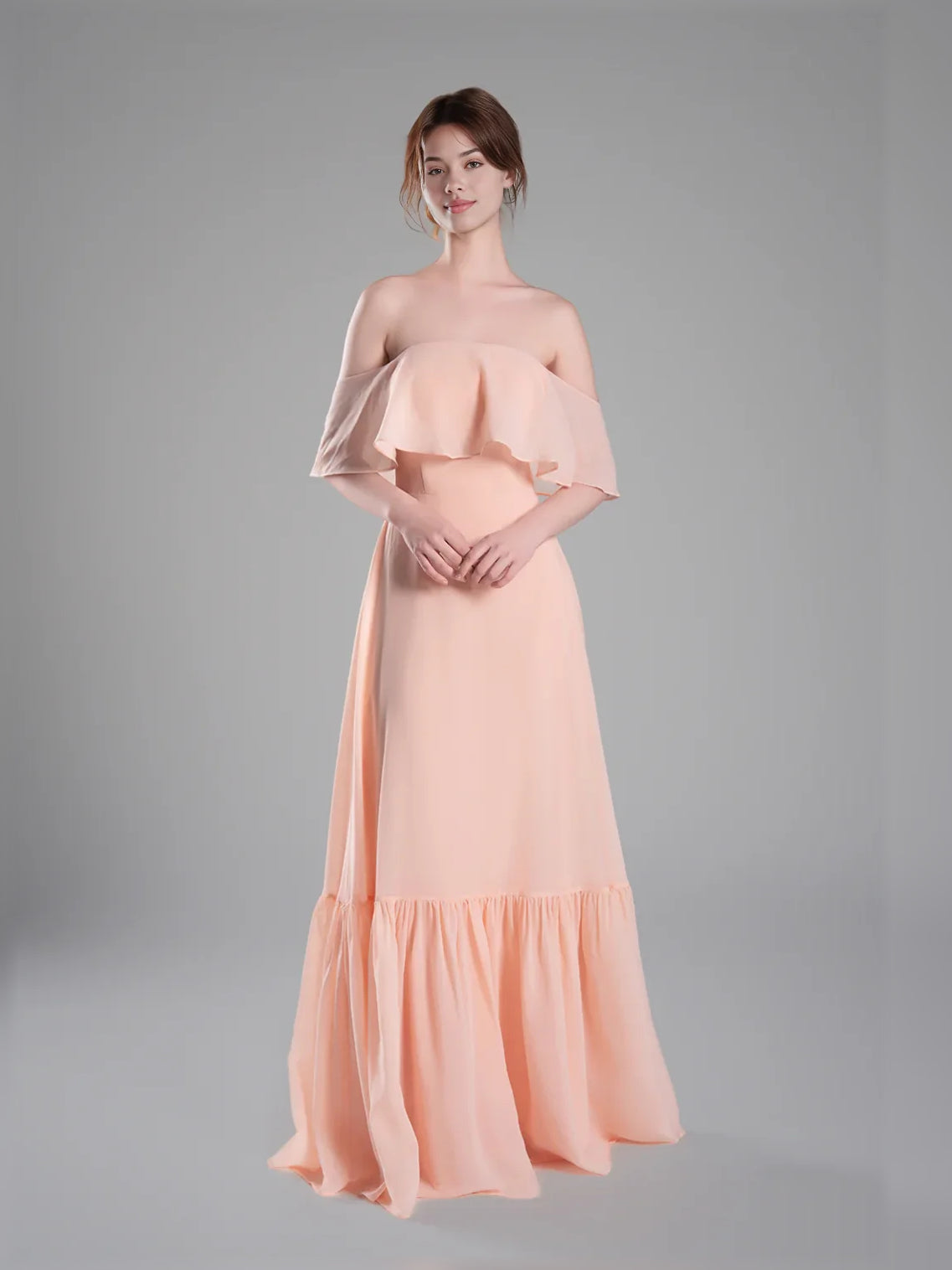 Apricot floor-length bridesmaid dress, alternate view showing the skirt and hem