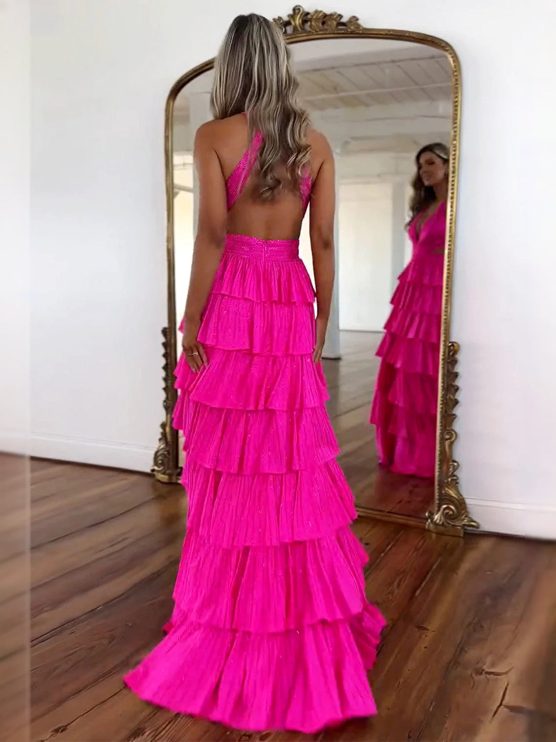 Fuchsia floor-length prom dress, alternate view showing the skirt and hem