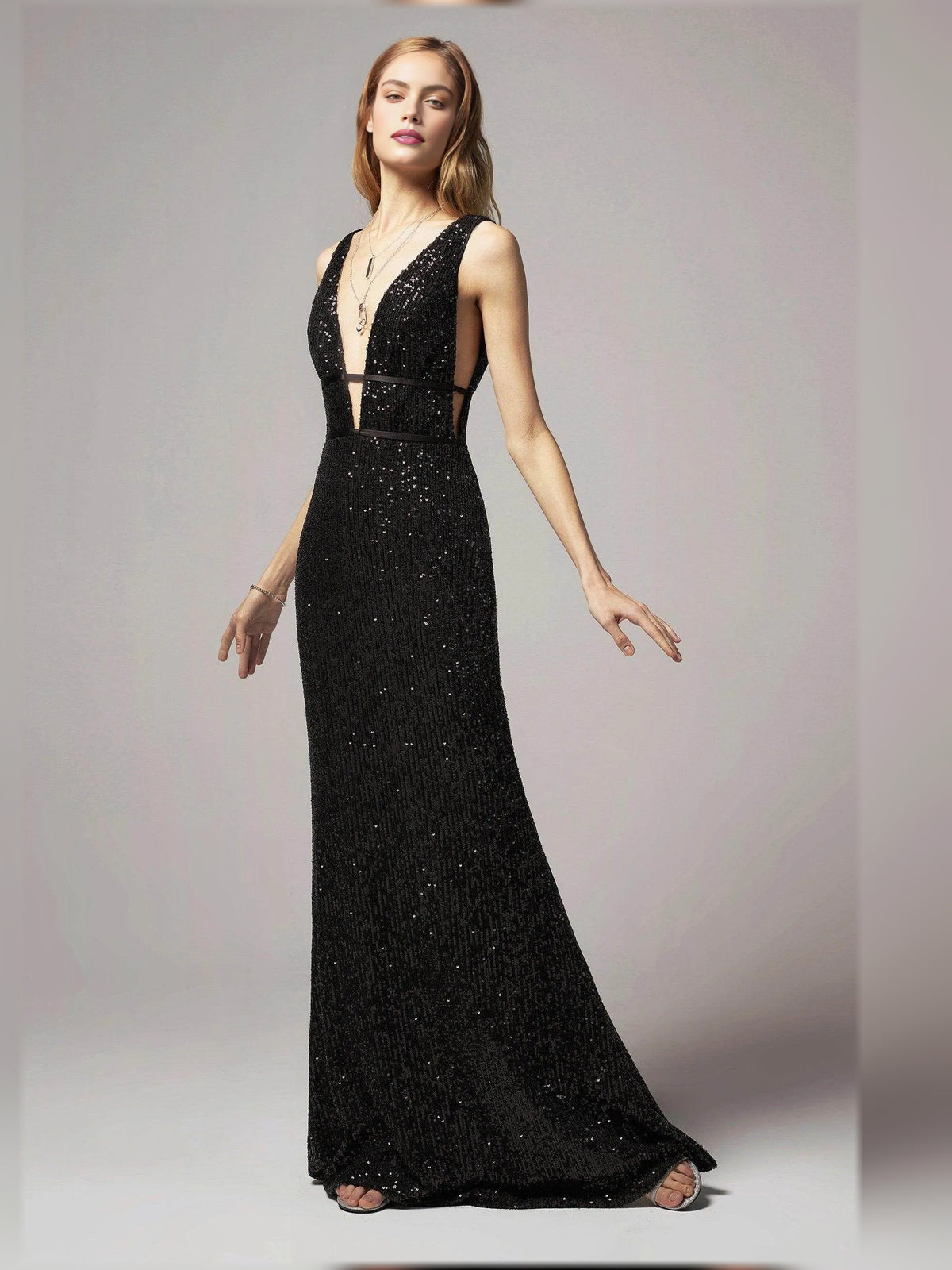 Black sheath floor-length formal dress with beading, alternate view showing the skirt