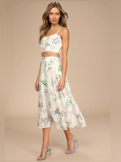 White Floral midi formal dress with floral print, alternate view showing the skirt