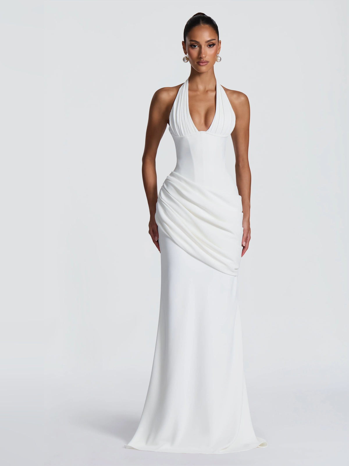 Ivory floor-length wedding dress, alternate view showing the skirt and hem