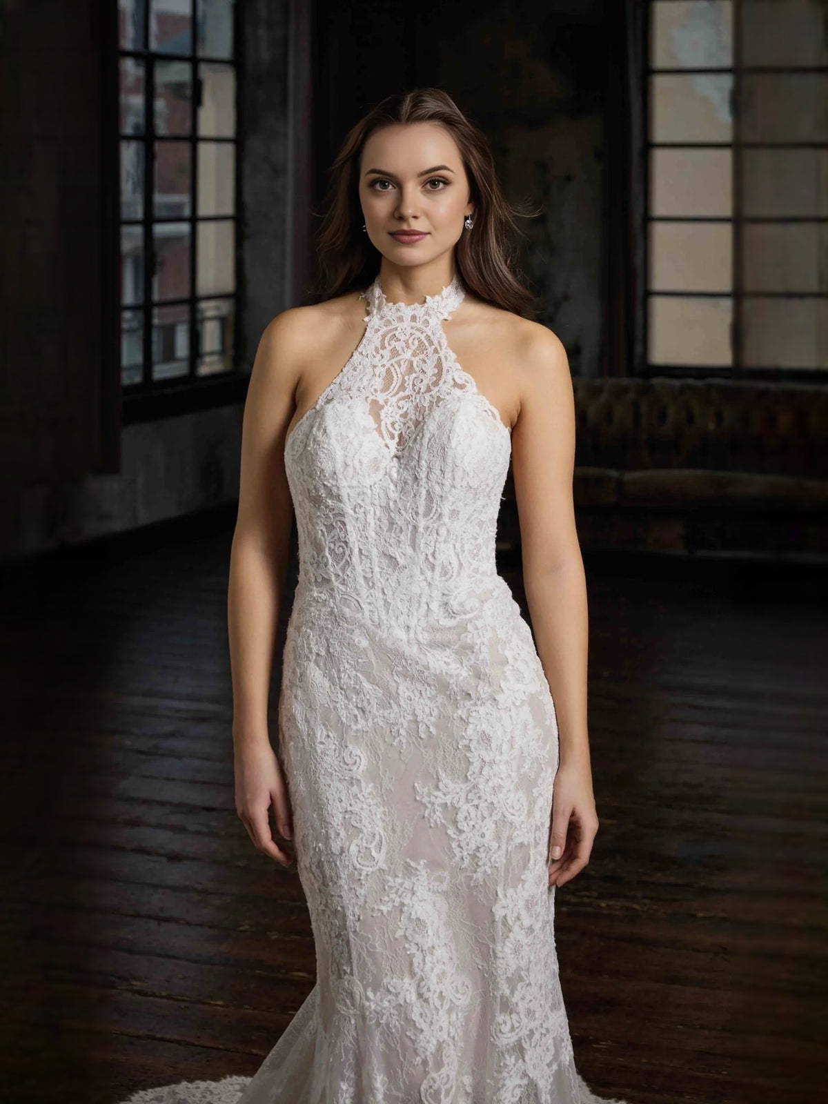 Ivory floor-length wedding dress, alternate view showing the skirt and hem