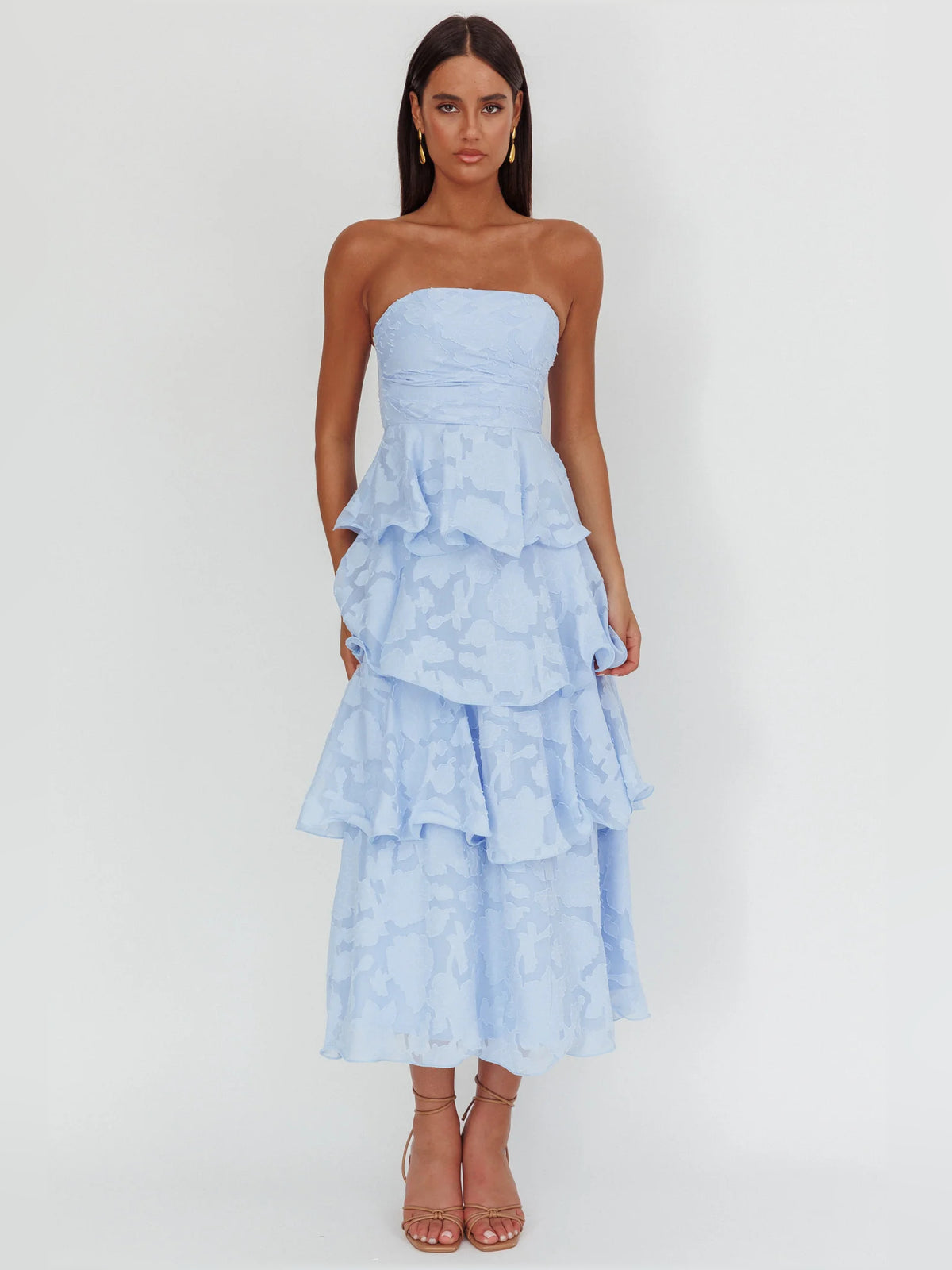 Blue midi formal dress with floral print, alternate view showing the skirt