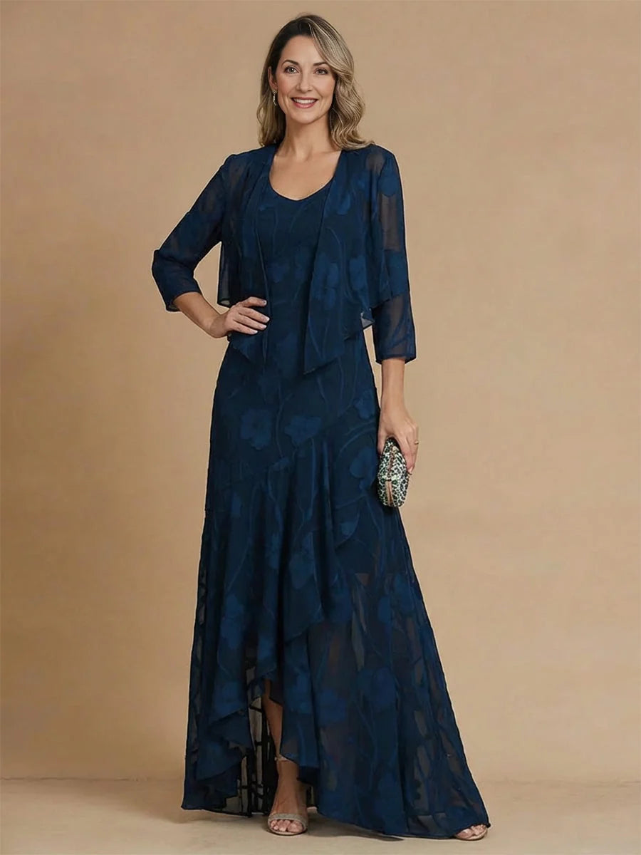Dark Blue high-low mother of the bride dress, alternate view showing the skirt and hem