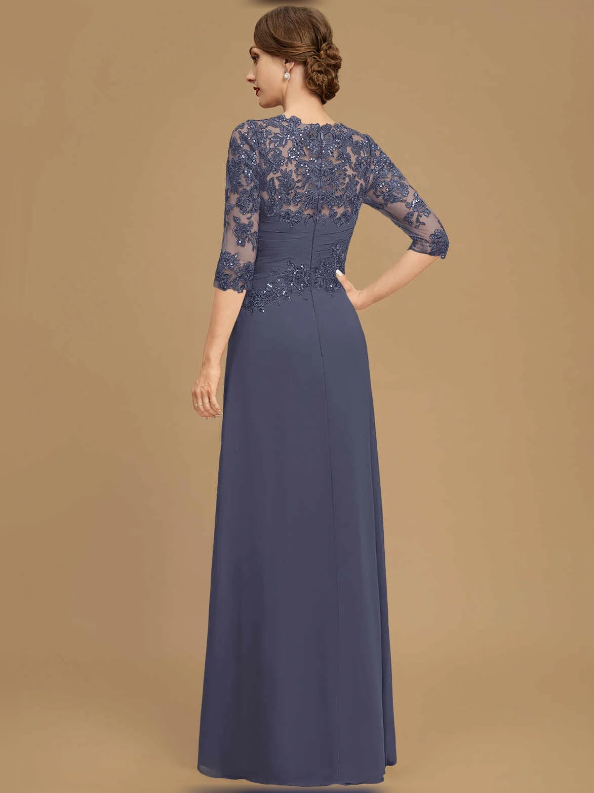 Dark Navy floor-length mother of the bride dress, alternate view showing the skirt and hem