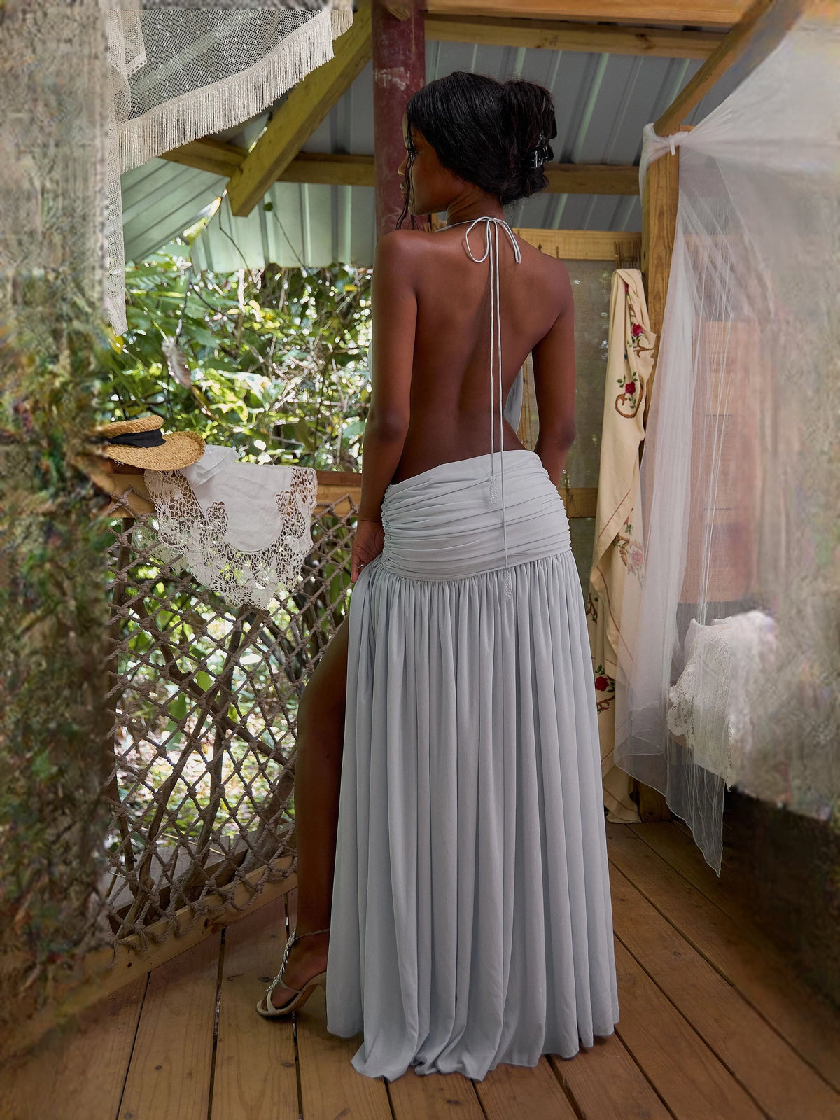 Mist Blue maxi prom dress, alternate view showing the skirt and hem