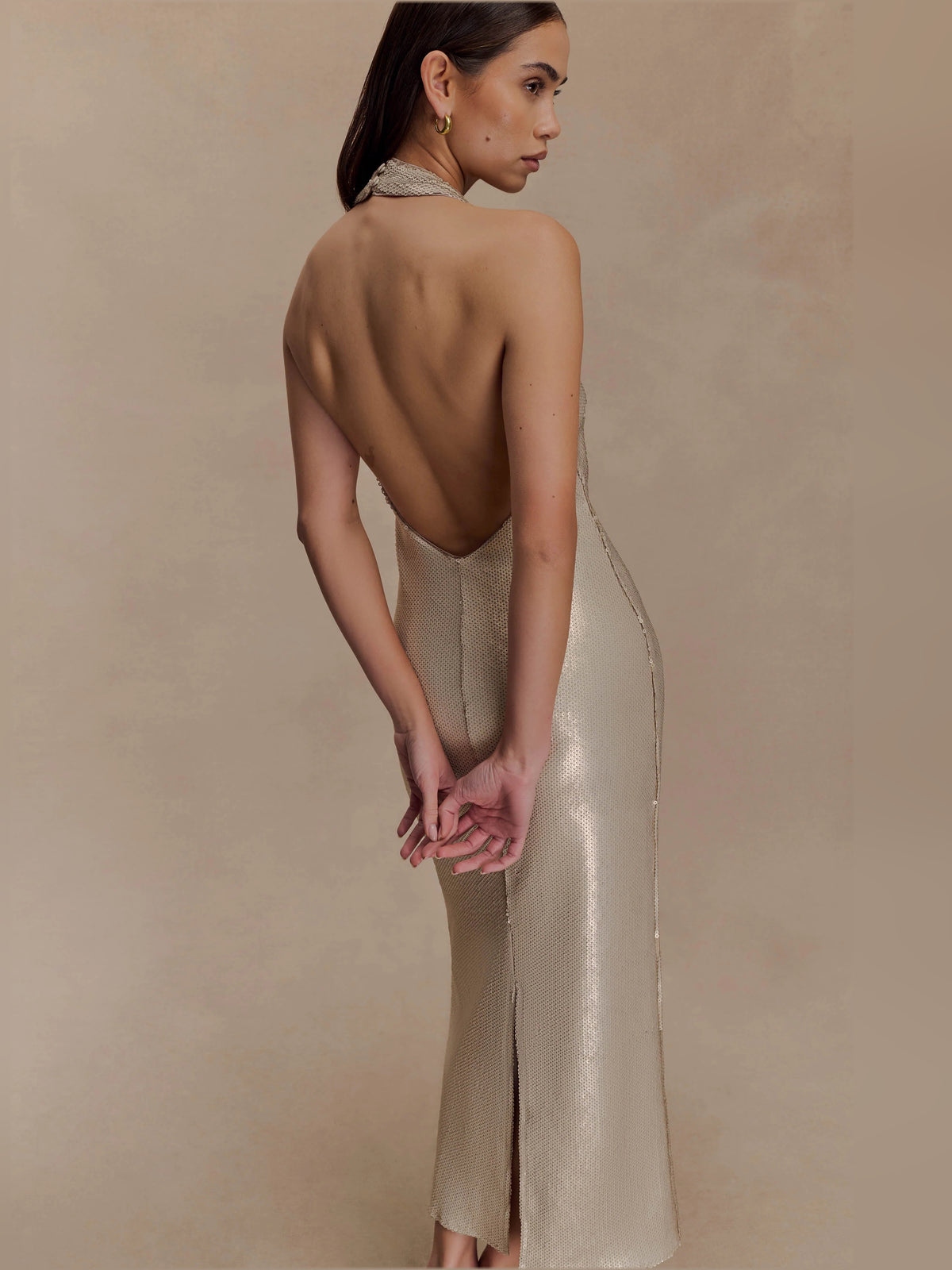 Gold midi formal dress with sequins, alternate view showing the skirt