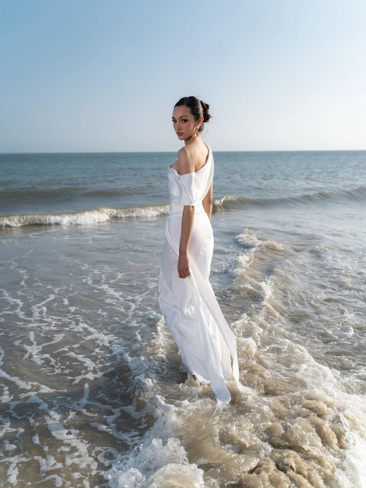 White midi wedding dress, alternate view showing the skirt and hem