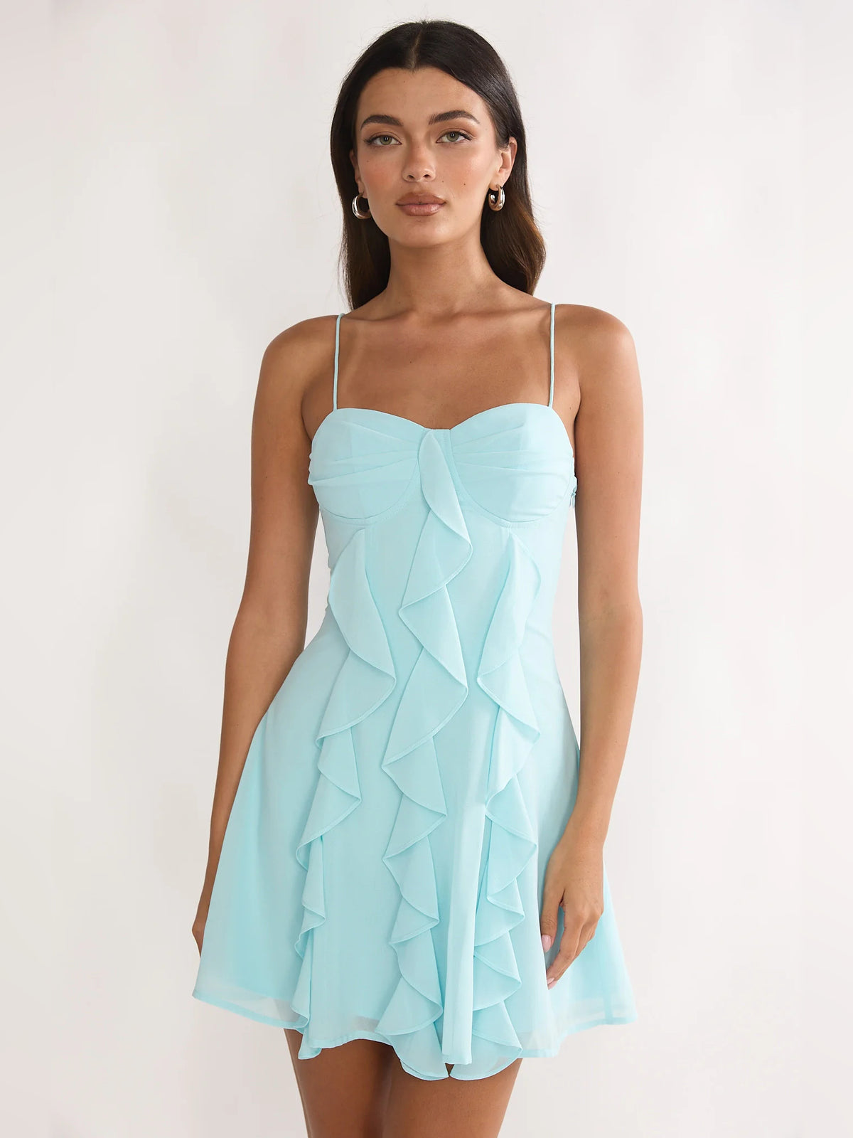Aqua mini homecoming dress, alternate view showing the skirt and hem