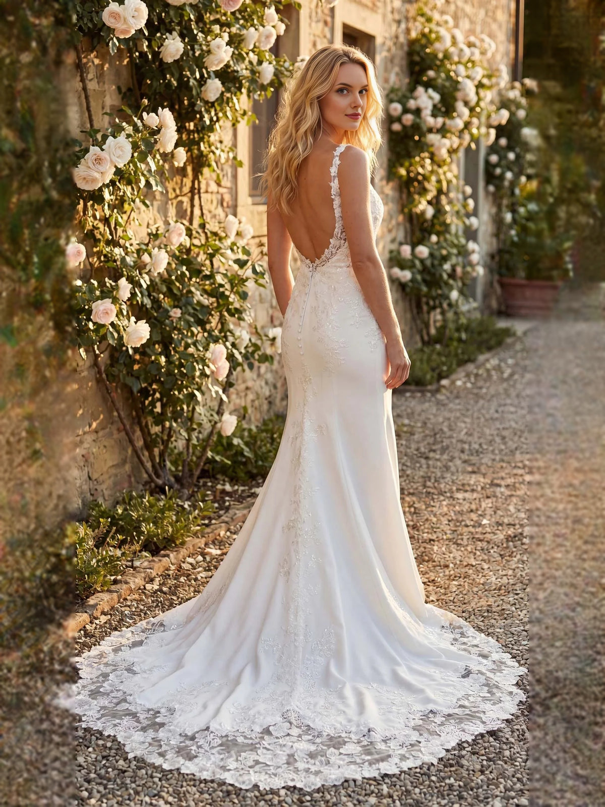Ivory floor-length wedding dress, alternate view showing the skirt and hem
