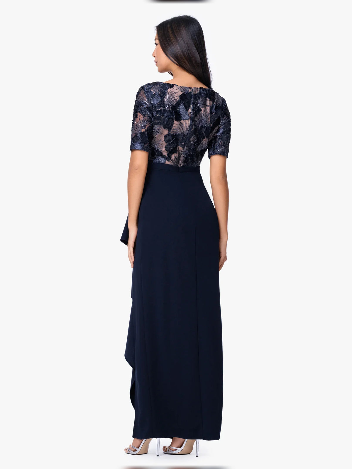 Black floor-length mother of the bride dress, alternate view showing the skirt and hem