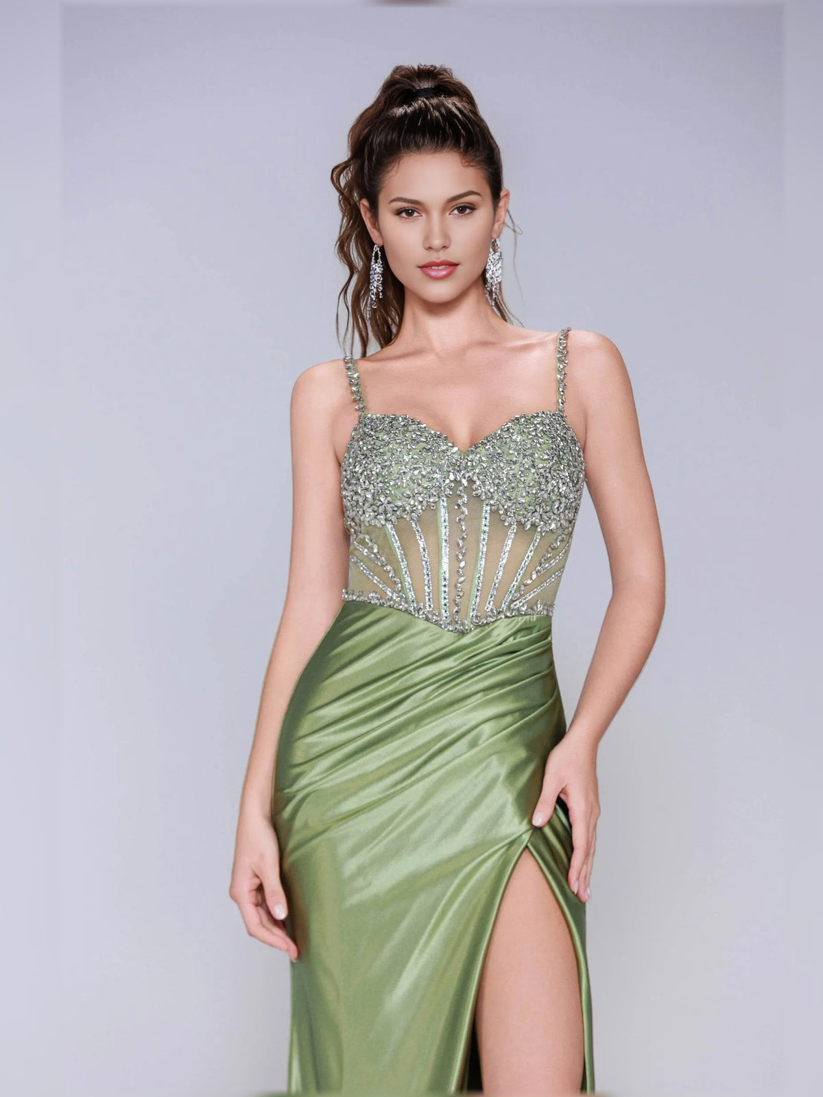 Dusty Sage sheath floor-length formal dress with ruching, alternate view