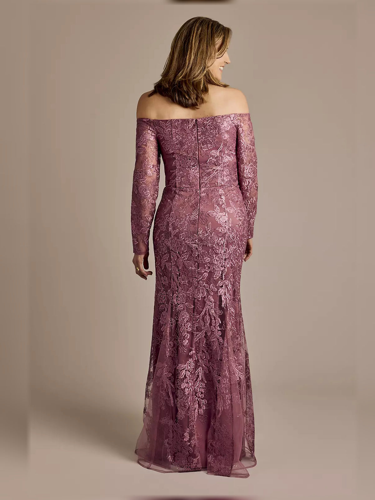Gold maxi mother of the bride dress, alternate view showing the skirt and hem