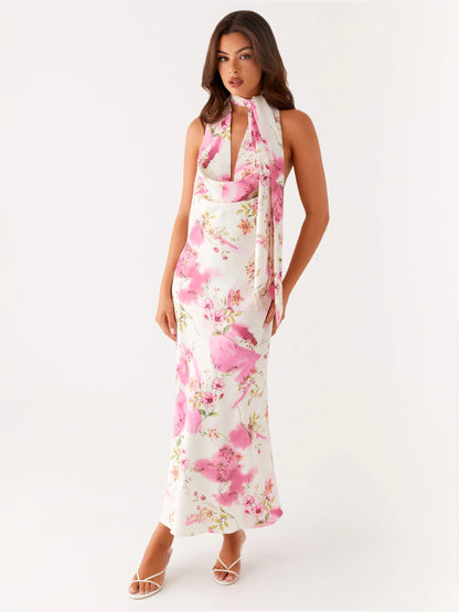 Ivory Floral midi formal dress with floral print, alternate view showing the skirt