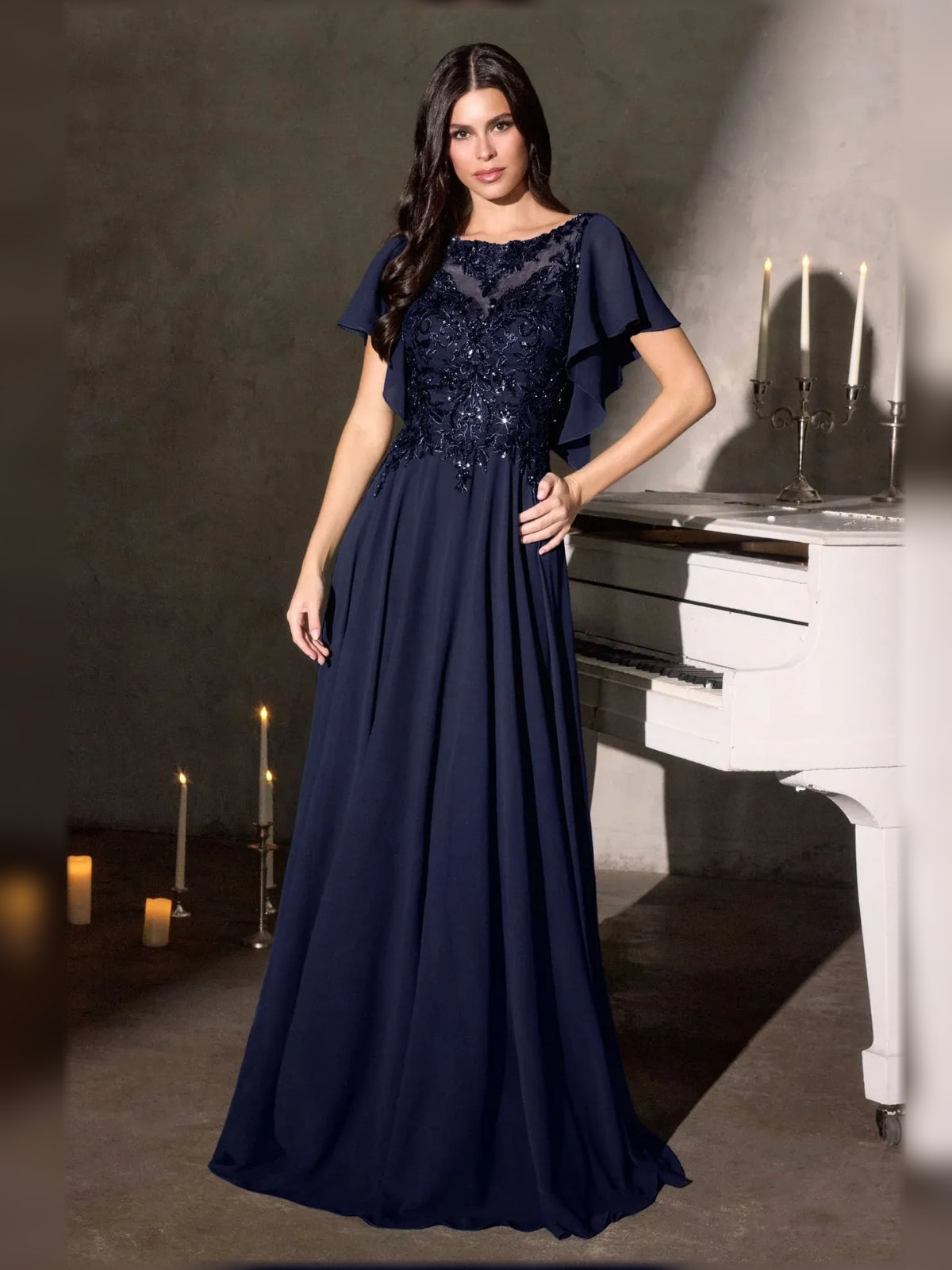 Navy Blue floor-length mother of the bride dress, alternate view showing the skirt and hem