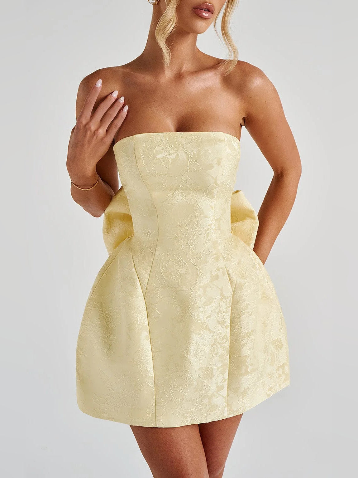 Lemon mini homecoming dress, alternate view showing the skirt and hem