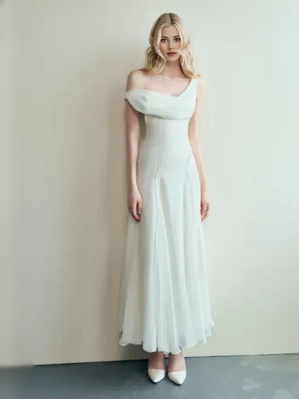 Ivory maxi bridesmaid dress, alternate view showing the skirt and hem