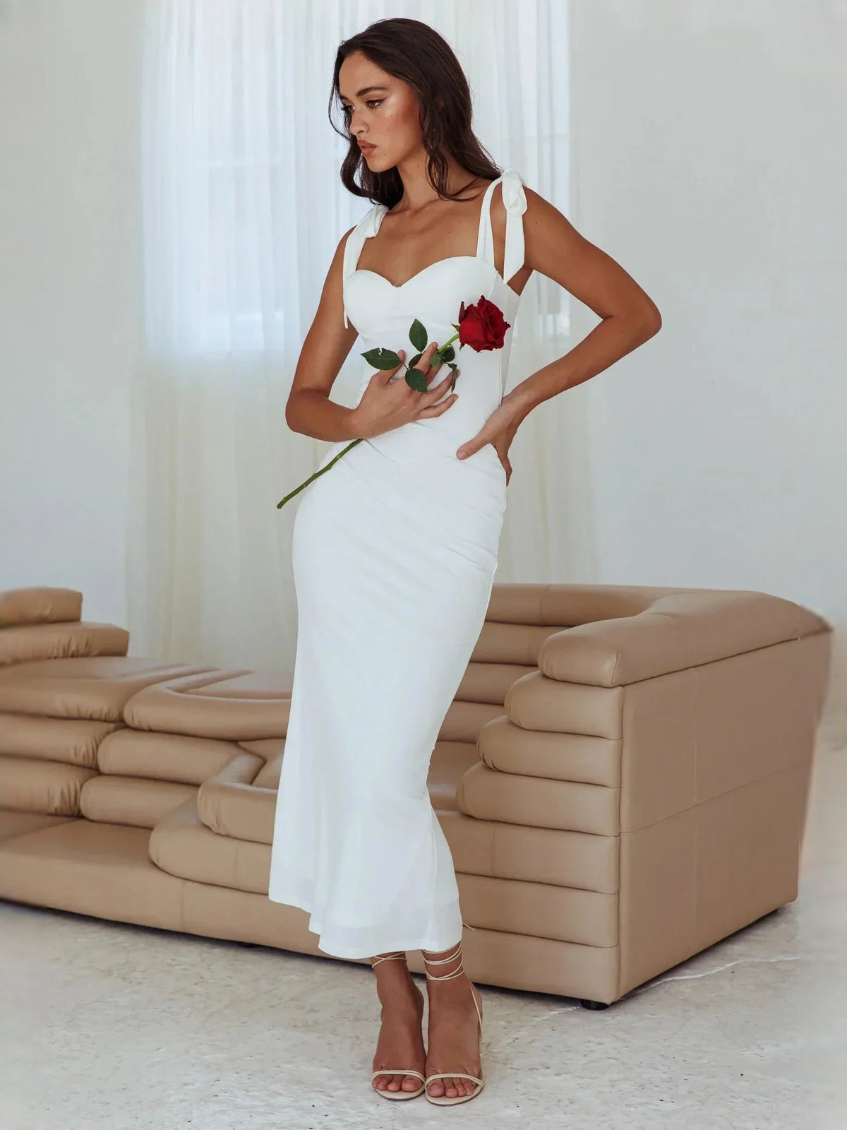White midi wedding dress, alternate view showing the skirt and hem