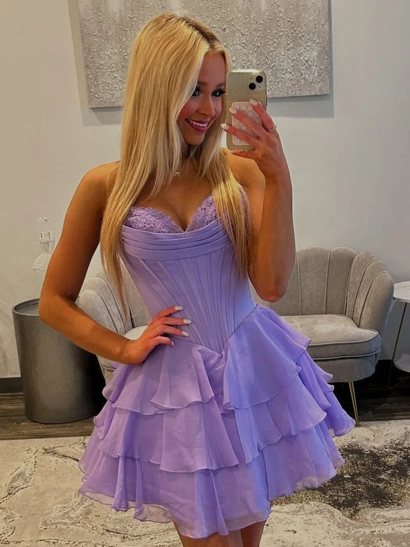 Red mini homecoming dress, alternate view showing the skirt and hem