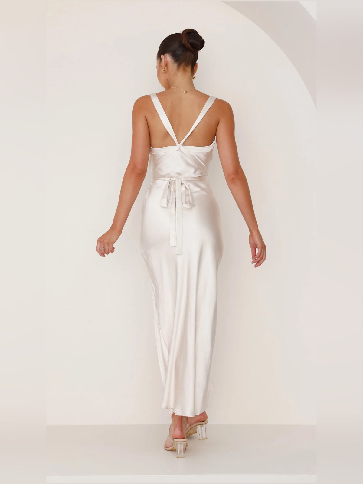 Champagne sheath maxi formal dress with skirt slit, alternate view showing the skirt