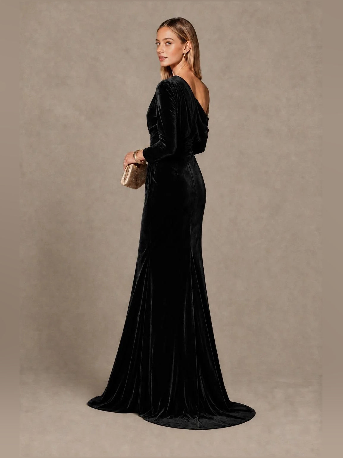 Navy floor-length bridesmaid dress, alternate view showing the skirt and hem