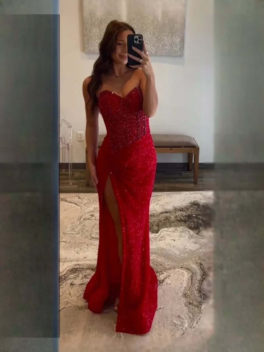 Red maxi prom dress, alternate view showing the skirt and hem