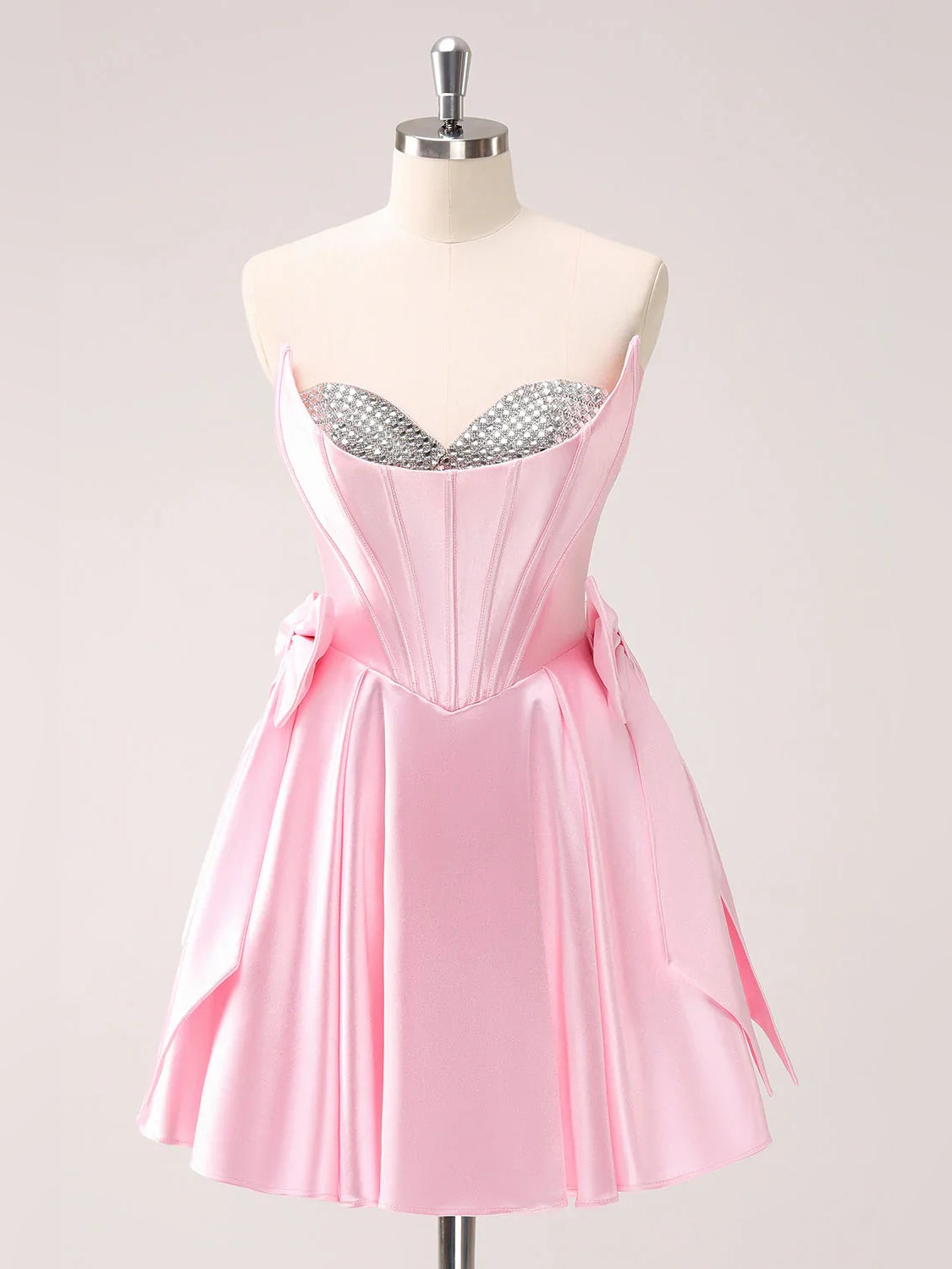 Pink short homecoming dress, alternate view showing the skirt and hem