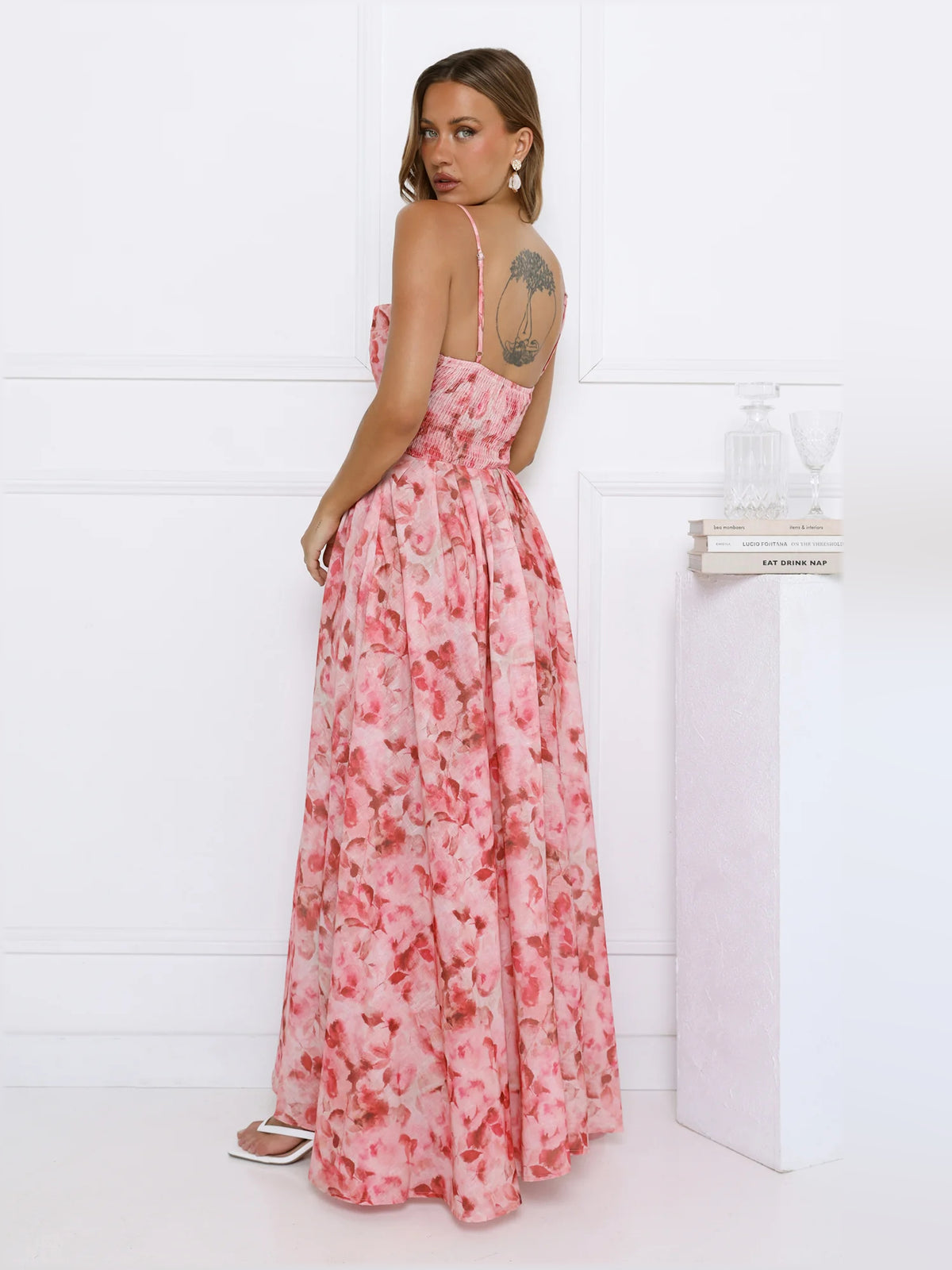 Pink midi formal dress, alternate view showing the skirt