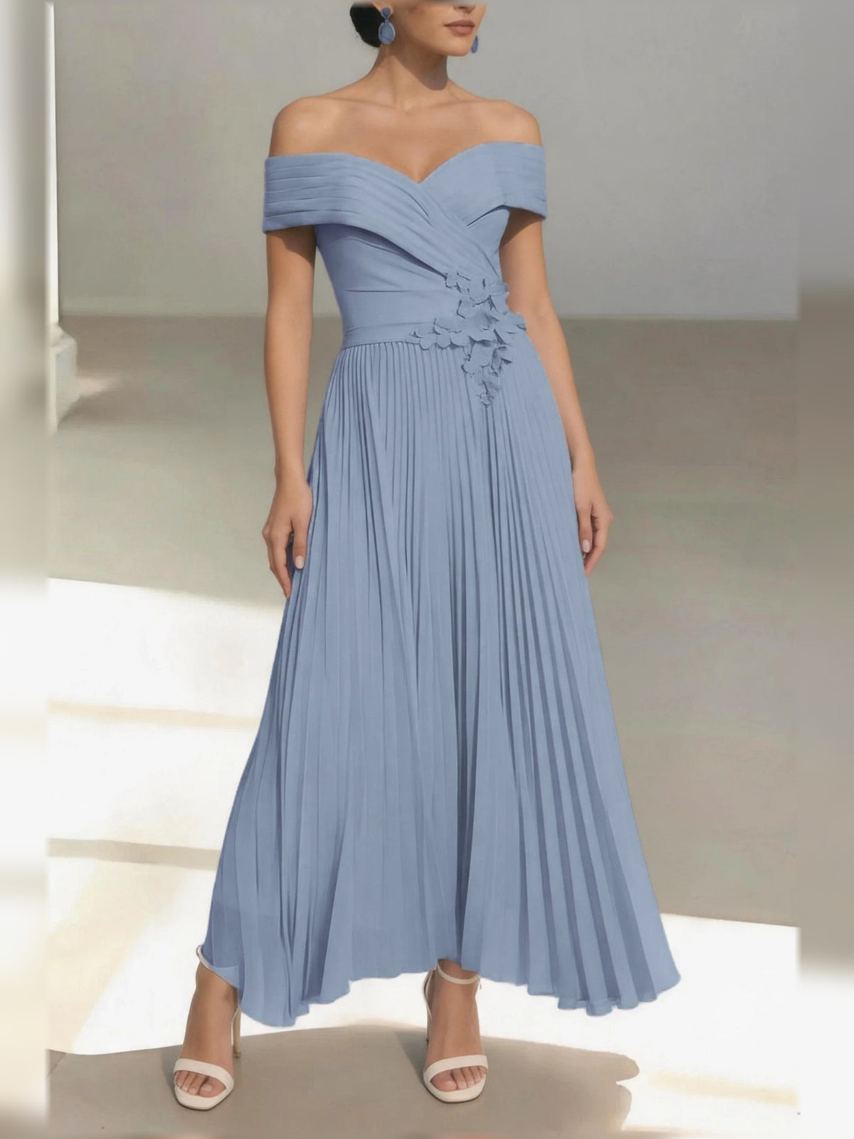 Dusty Blue midi mother of the bride dress, alternate view showing the skirt and hem