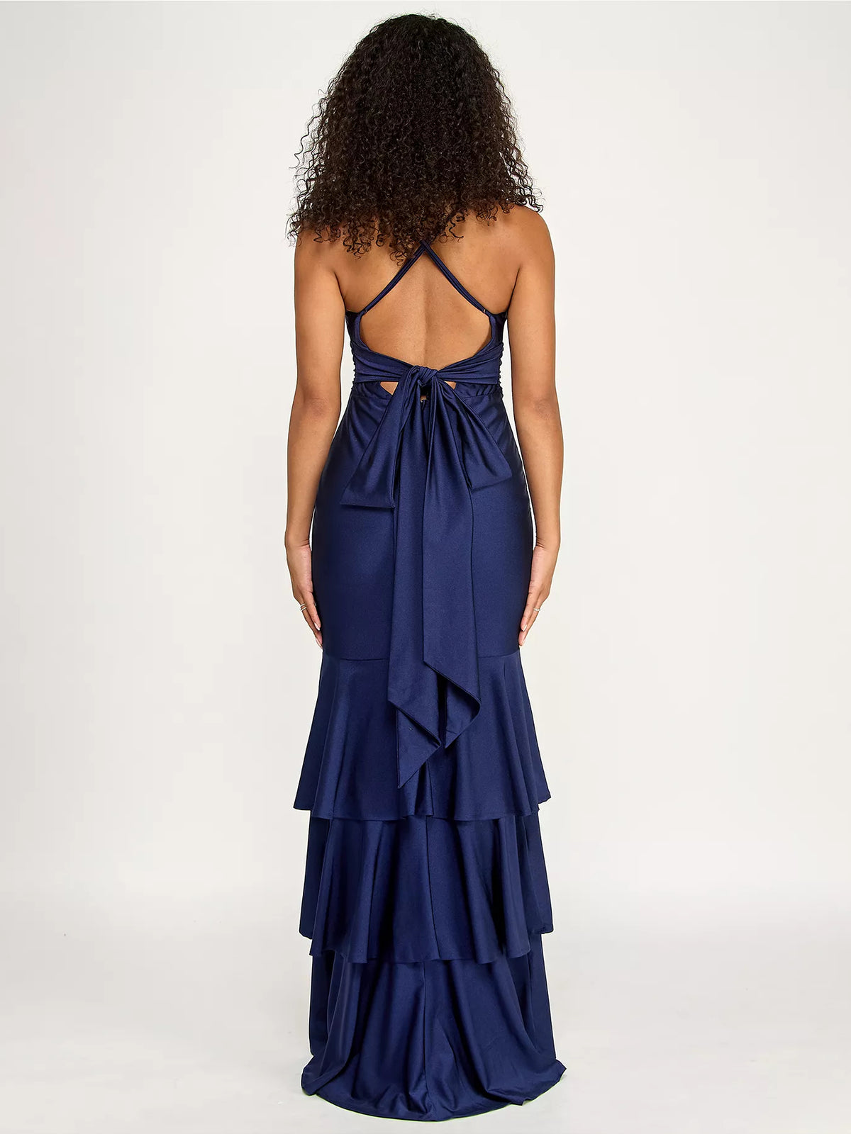 Navy Blue a-line floor-length formal dress with bow detail, alternate view
